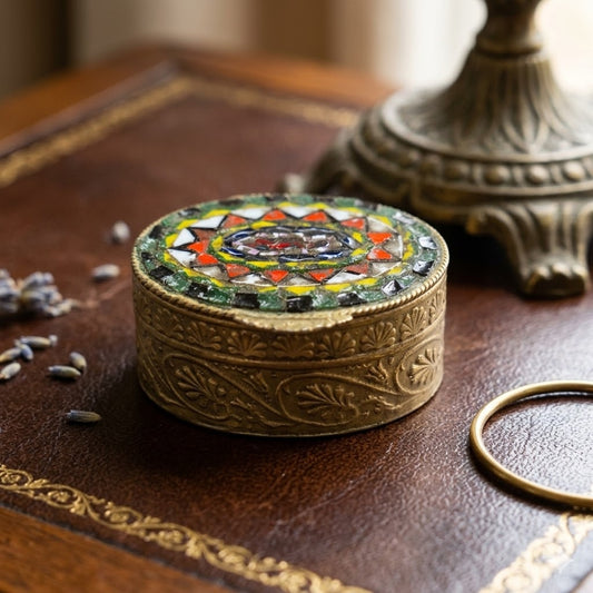 Vintage Italian Micro Mosaic Pill Box - Kaleidoscope Rose Window Motif Brass