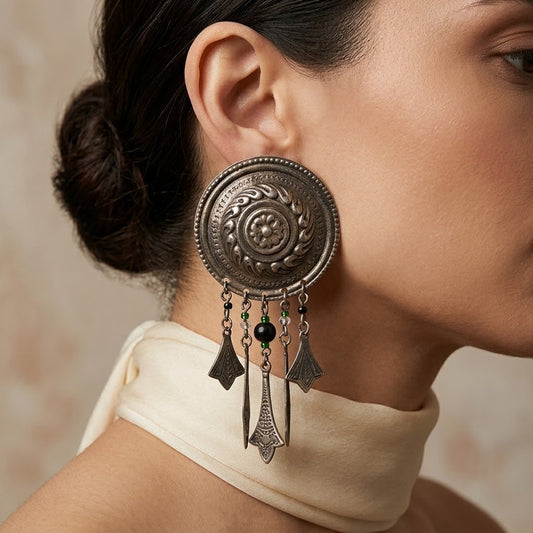 Vintage Antique Bronze Medallion Chandelier Dangle Earrings Boho Tribal Festival