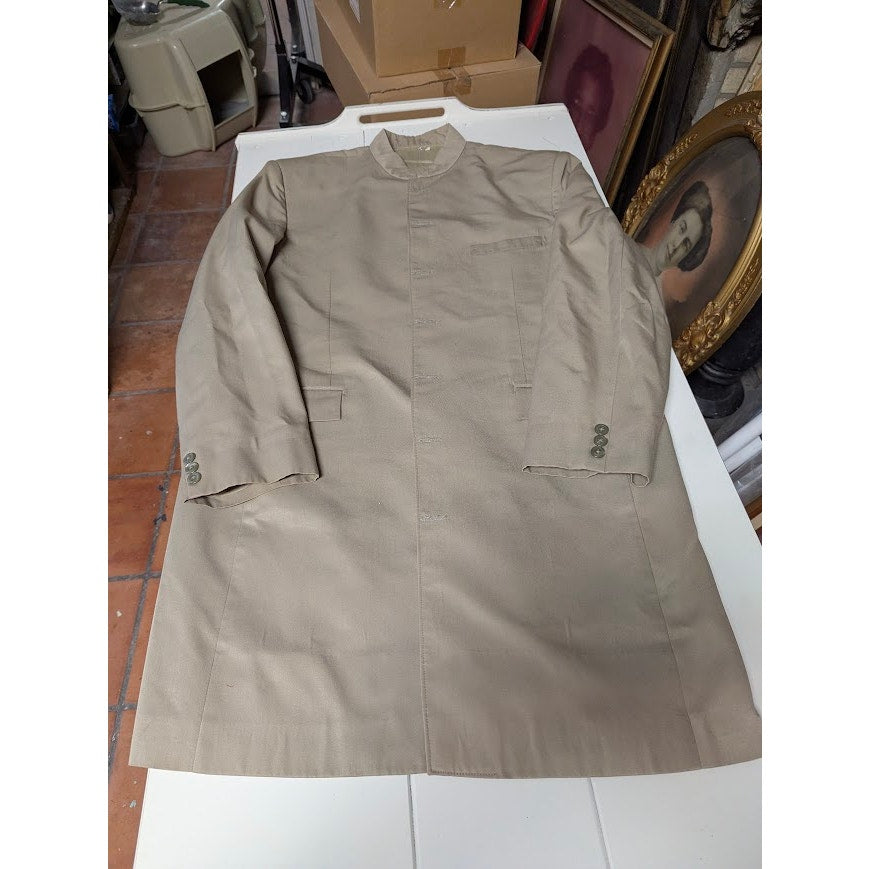 Custom Made Mandarin Collar Long Coat Tan Khaki Structured Minimalist Waistcoat