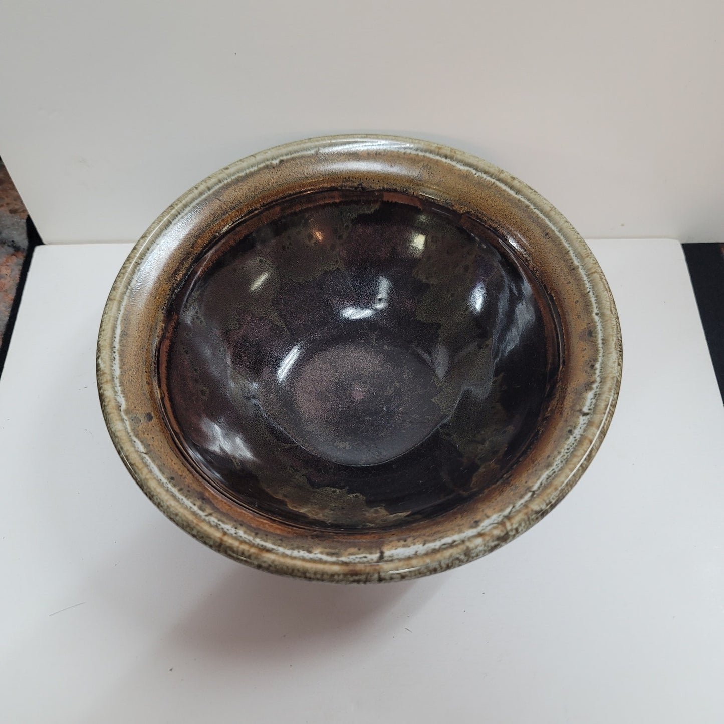 Pottery Glazed bowl handmade signed 7 1/2" Brown lipped earthtone Dripware
