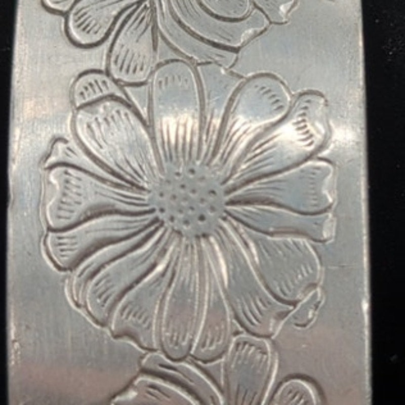 Vintage Fashion BRACELET Kirk steiff Pewter Flower Aster Cuff Adjustable engrave