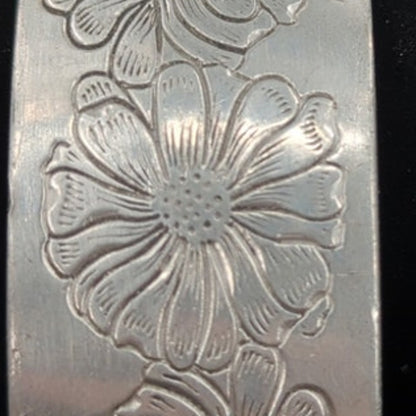 Vintage Fashion BRACELET Kirk steiff Pewter Flower Aster Cuff Adjustable engrave