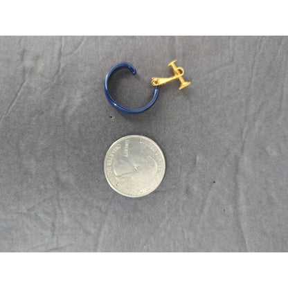 Vintage Blue Enamel Hoop Dangle Earrings Gold Tone Clip On Huggie Drop