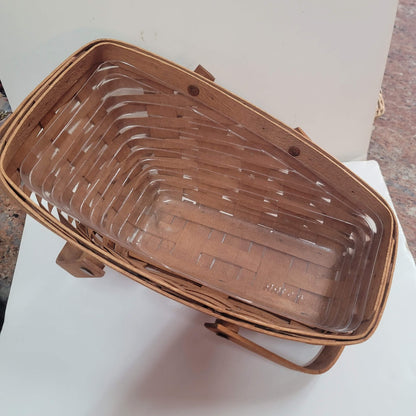 Longaberger 13" wine wood vegetable basket '92 clear liner slanted double handle