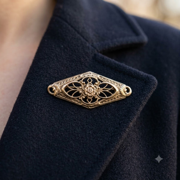 Vintage Gold Tone Floral Filigree Brooch Open Design Diamond Shape Pin