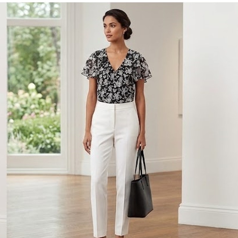 Lauren Ralph Lauren Floral Flutter Sleeve V Neck Blouse Black White Chiffon XS