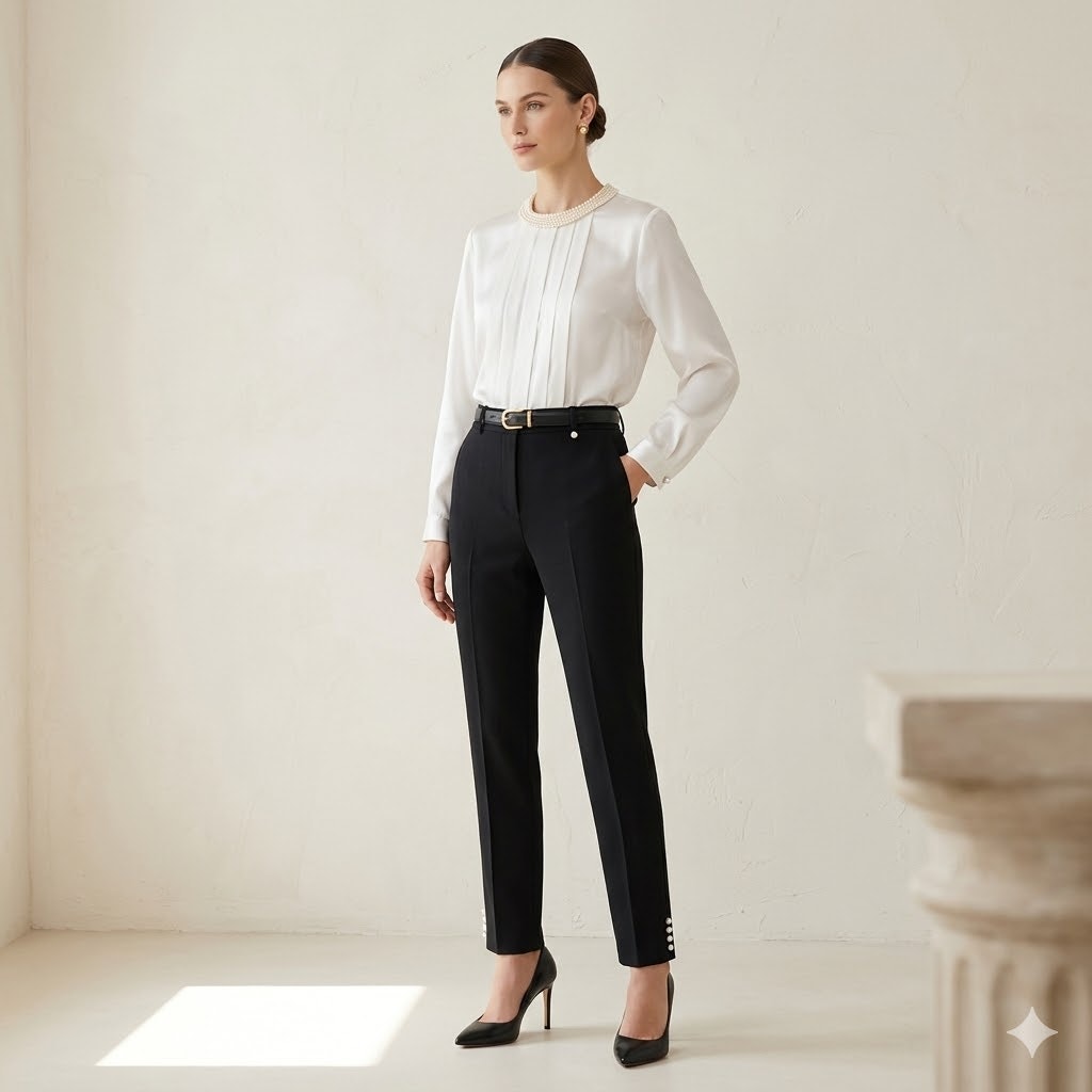 Vintage New Concepts Petite Faux Pearl Collar Satin Blouse Ivory Long Sleeve