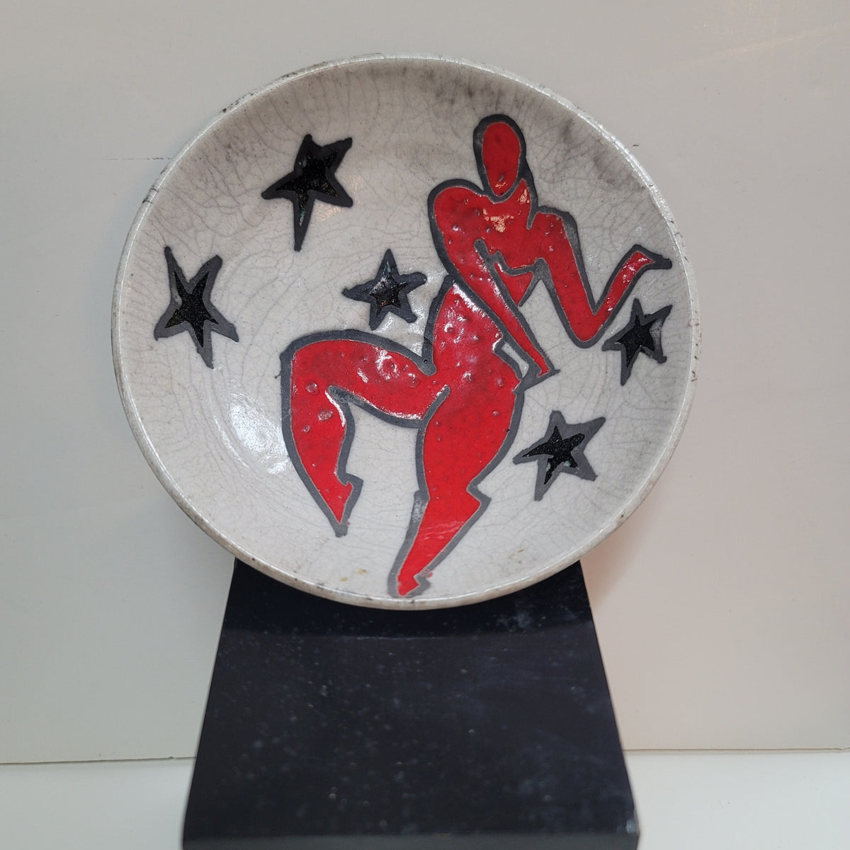 Art pottery female nude red surrounded by stars signed MAB wall decor bowl red