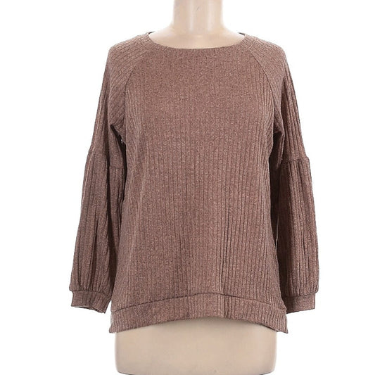 NEW Status Chestnut Brown Blouse Size Small Bell Sleeve Striped textured scoop