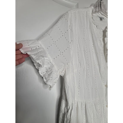 Crown & Ivy White eyelet button up Dress Midi Size XL Pockets flutter sleeve