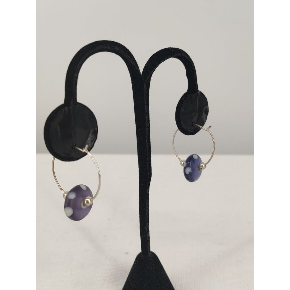 Vintage Purple Polka Dot Murano Style Art Glass Discs Hoop Earrings