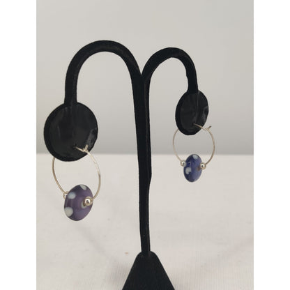 Vintage Purple Polka Dot Murano Style Art Glass Discs Hoop Earrings