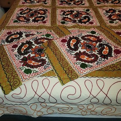 Paisley Orange Green Cream Queen/Full Embroidered coverlet blanket 2 pillow sham