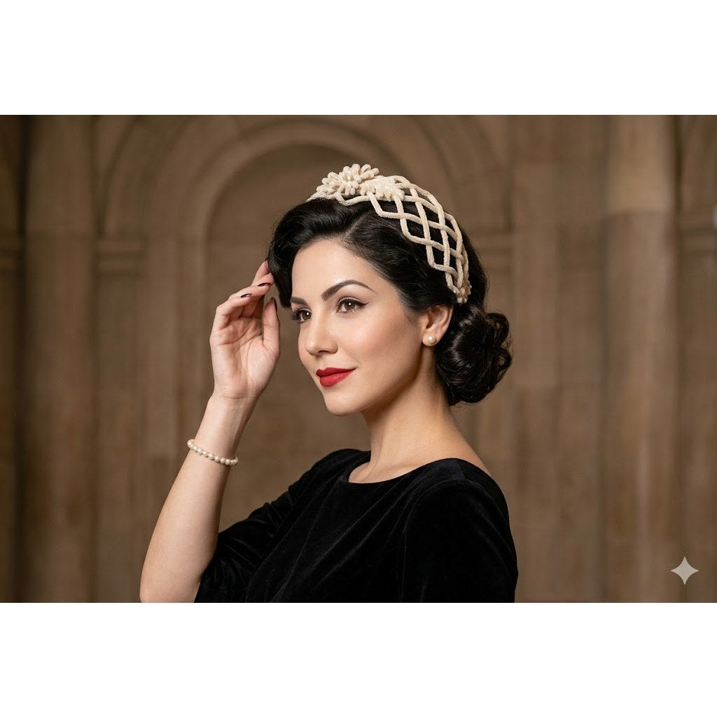 Vintage 50s Ivory Velvet Chenille Lattice Headband Hat Whimsy Cage Fascinator
