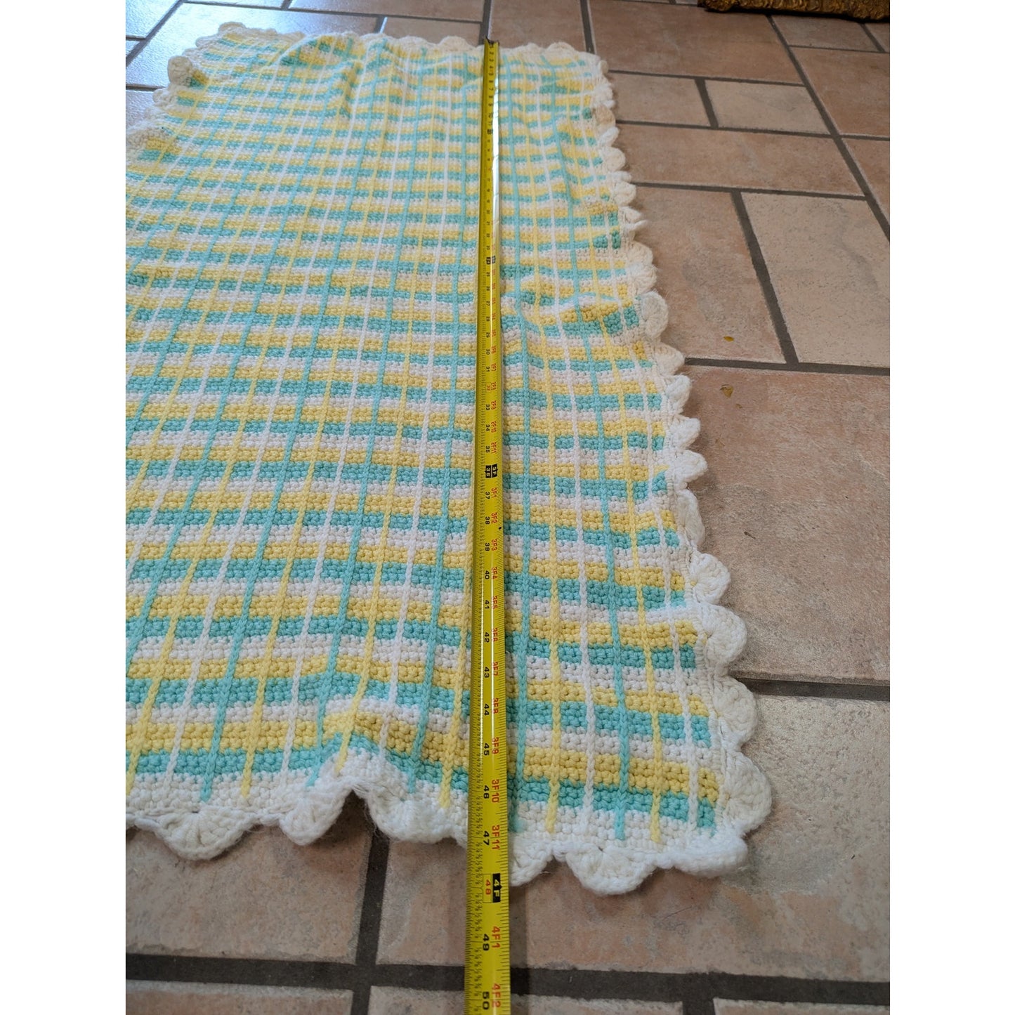 Vintage Hand-Crochet Pastel Plaid Baby Blanket with Scalloped Border