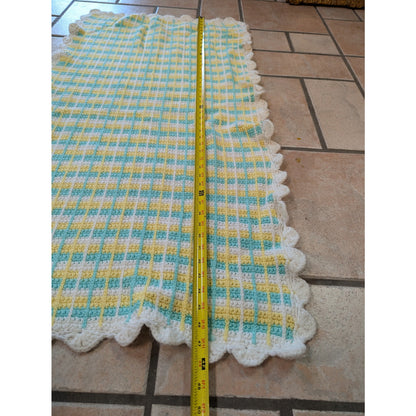 Vintage Hand-Crochet Pastel Plaid Baby Blanket with Scalloped Border