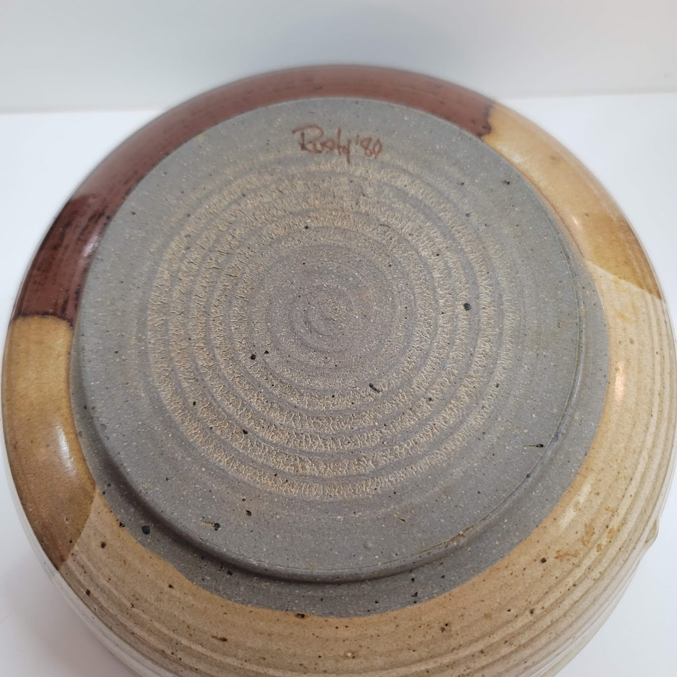 Handmade 1980s art pottery earthtone Signed Rusty 80 bowl 9" Brown Cream Tan