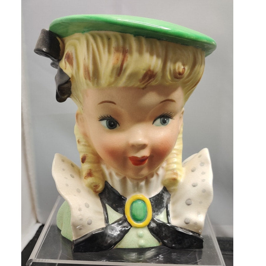 Vintage 1950s Blonde Lady Head Vase Planter Green Hat Polka Dot Bow Kitsch MCM