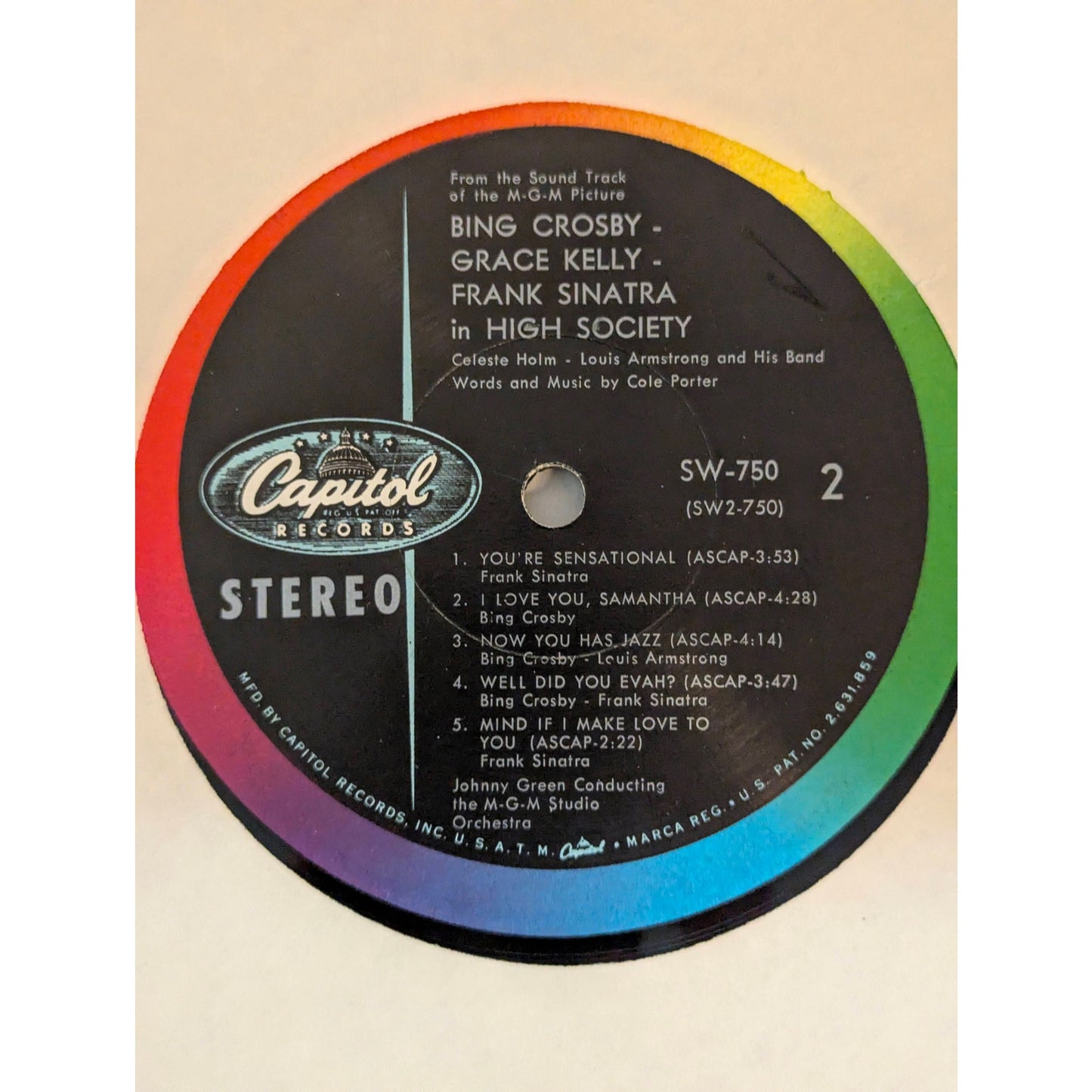 Vintage High Society Soundtrack Capitol SW-750 Rainbow Label Stereo Vinyl LP