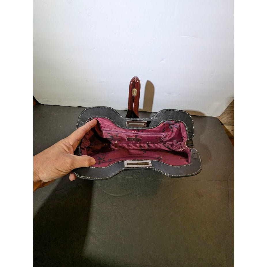 Vintage MAXX New York Black Leather Frame Clutch Purse Berry Satin Lining