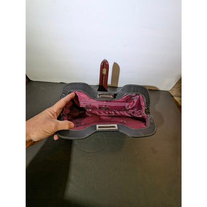 Vintage MAXX New York Black Leather Frame Clutch Purse Berry Satin Lining