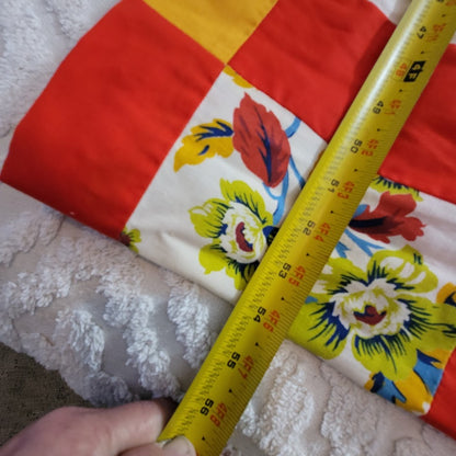 Vintage Farmhouse Red Yellow Floral Patchwork Unfinished Quilt Top 108x88 Queen