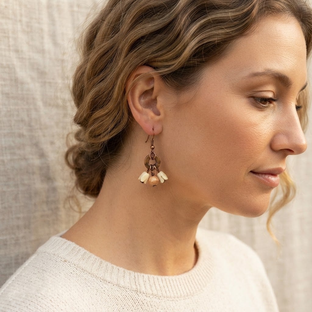 Boho Copper & Brass Charm Dangle Earrings Statement Natural Stone Beads