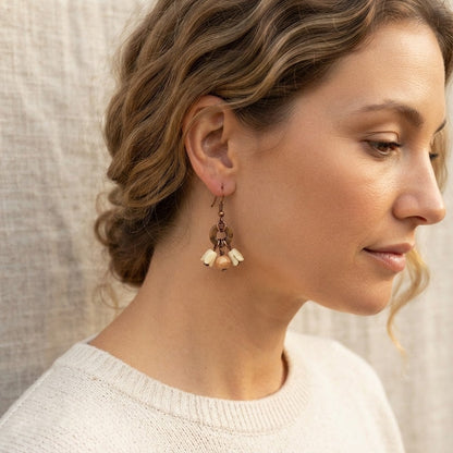 Boho Copper & Brass Charm Dangle Earrings Statement Natural Stone Beads