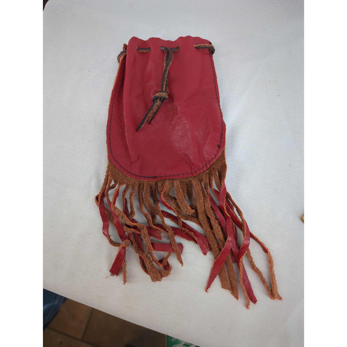 Vintage red marble bag drawstring top fringe bottom