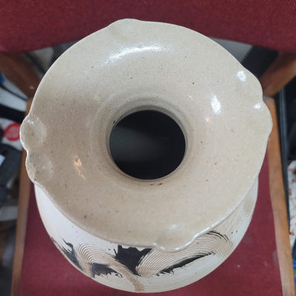 Art Pottery 16.5" Earthtones Vase Signed Steve Burrow 1990 Tan Cream Black