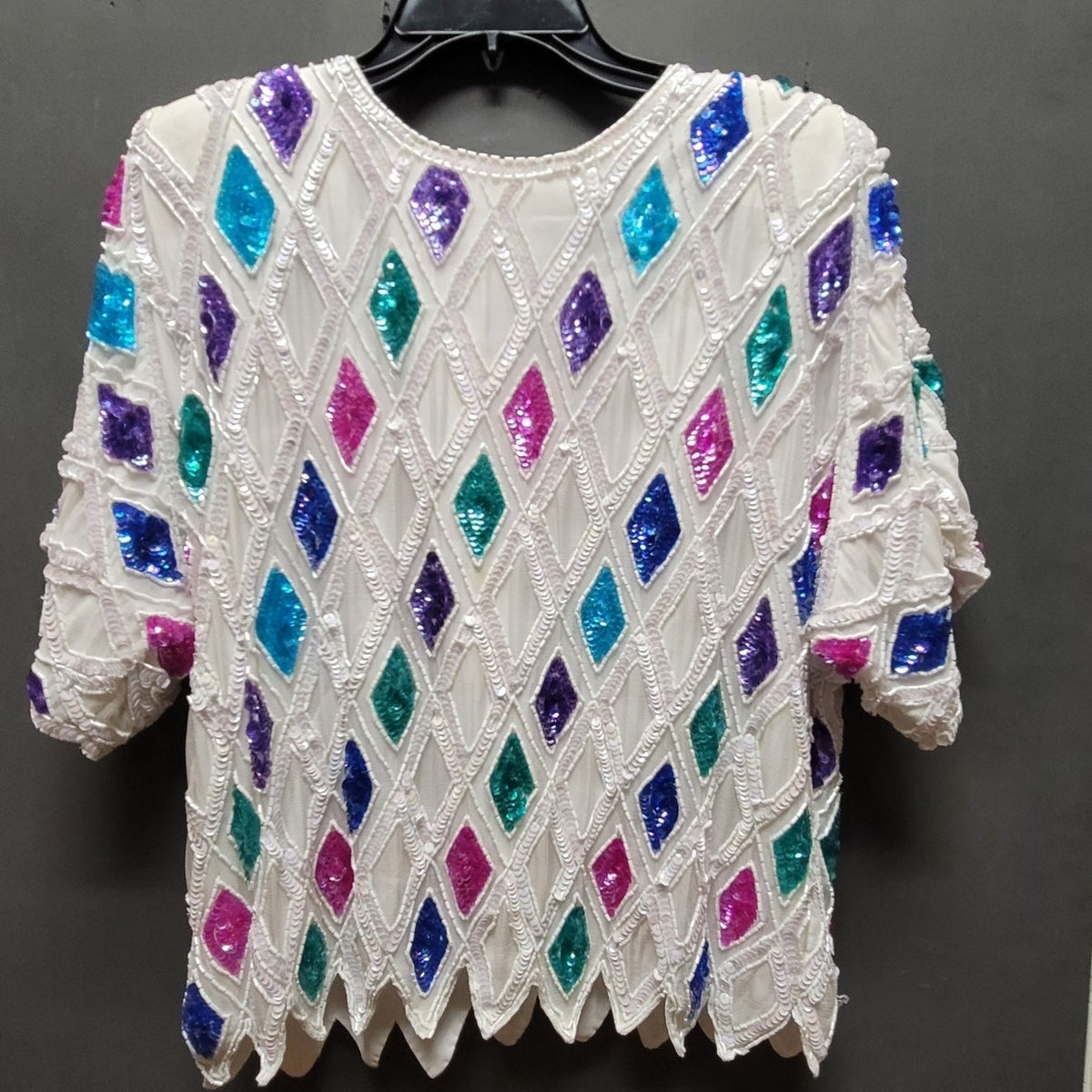 Candlelight Size Medium 80s Glam White Sequin Beaded Top silk Multicolor Diamond
