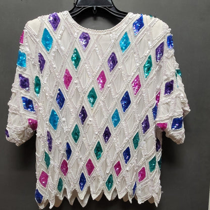 Candlelight Size Medium 80s Glam White Sequin Beaded Top silk Multicolor Diamond