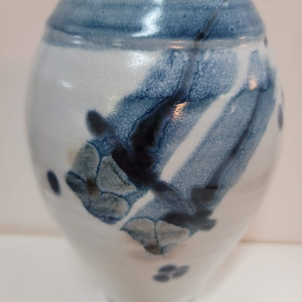 Cobalt Blue White Handmade art pottery vase signed flowers Approximately 9" x 5"