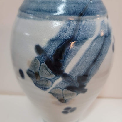 Cobalt Blue White Handmade art pottery vase signed flowers Approximately 9" x 5"