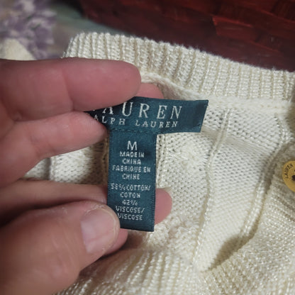 Lauren Ralph Lauren Cream Cable Knit Button Shoulder Sweater Medium Preppy Chic