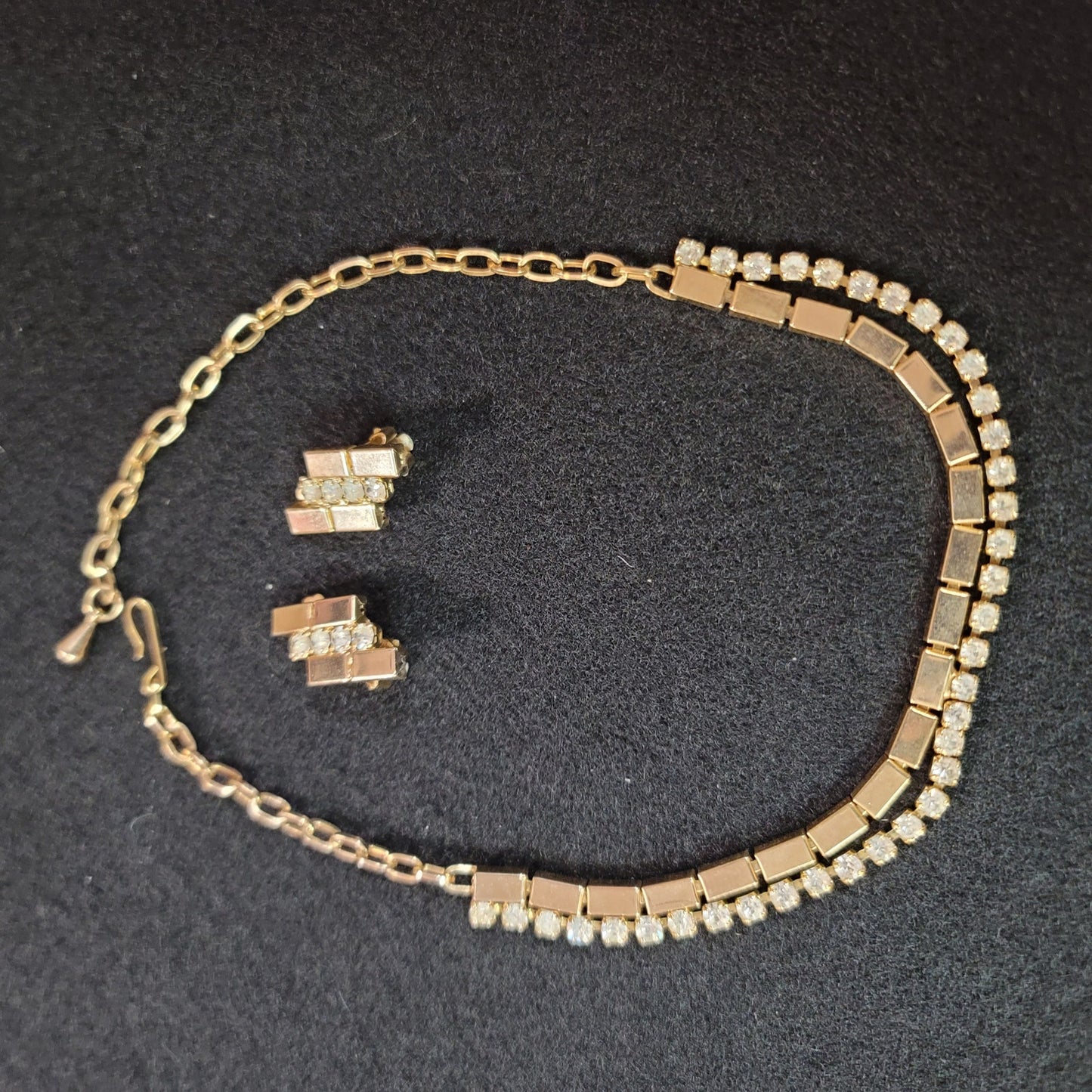 Vintage Necklace Matching Clip On Earring Gold Crystal Choker Style Reticulated