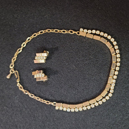 Vintage Necklace Matching Clip On Earring Gold Crystal Choker Style Reticulated