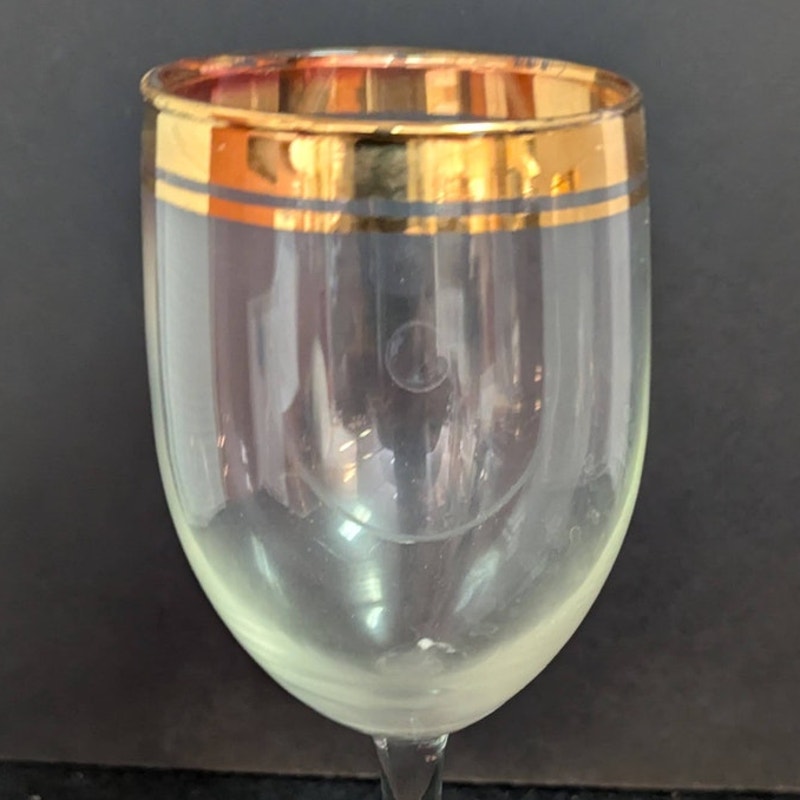 Vintage Mid-Century Gold Rim Crystal Wine Glasses Hollywood Regency Goblets Pair