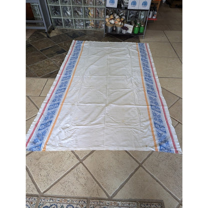 Vintage 50s Damask Tablecloth with Border Print in Red White and Blue 56" X 66"