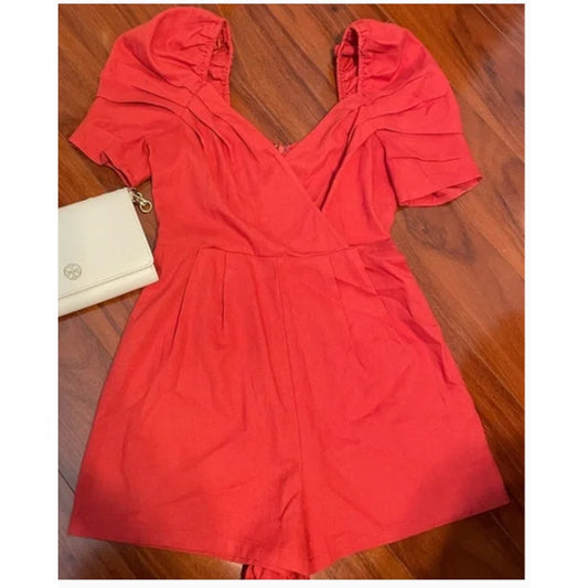 All in Favor NEW Cranberry Red Short Puff Sleeve Linen Romper Dress Short SMALL