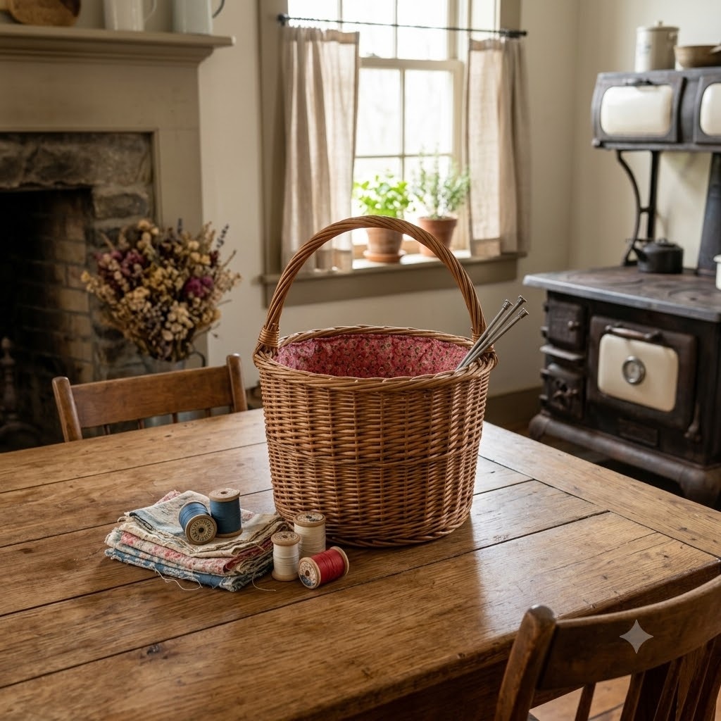 Vintage Woven Wicker Gathering Basket with Calico Drawstring Liner Sewing 18"