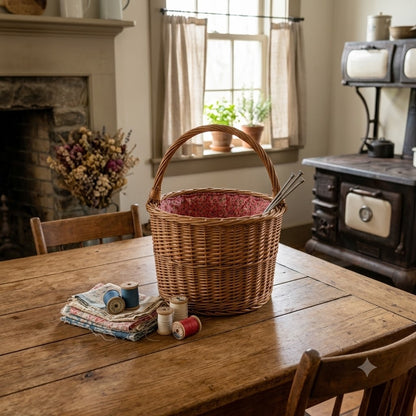 Vintage Woven Wicker Gathering Basket with Calico Drawstring Liner Sewing 18"