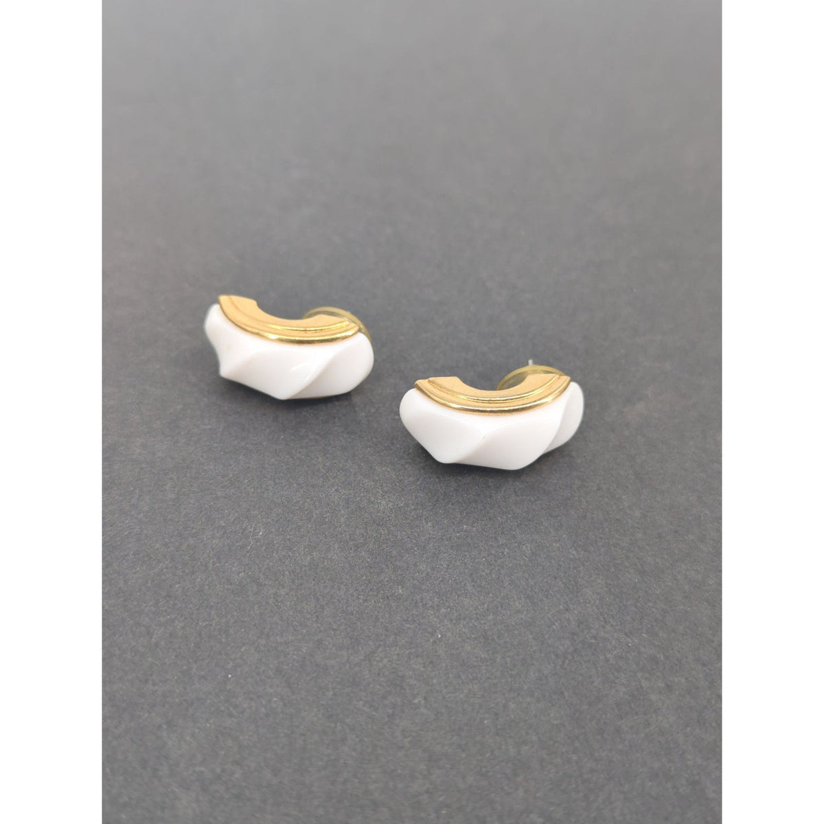 Vintage White Swirl Hoop Post Earrings Gold-Trimmed Retro Chunky Chic