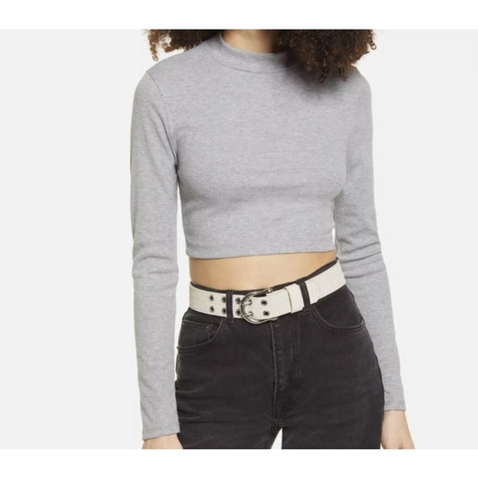 New BP Size SMALL Long Sleeve Gray Heather Rib Knit Stretch Mock Neck Crop Top