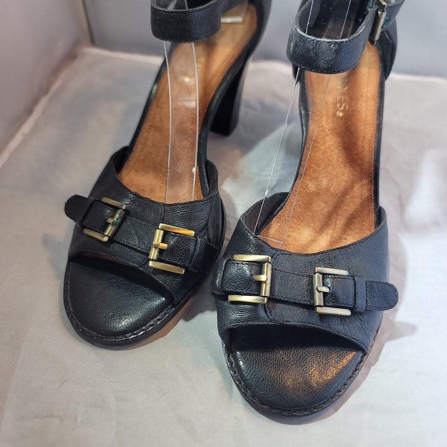 Aerosoles Jay Bird Womens 10 Med Black Leather Ankle Strap Open Toe Block Heels