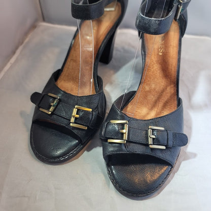 Aerosoles Jay Bird Womens 10 Med Black Leather Ankle Strap Open Toe Block Heels