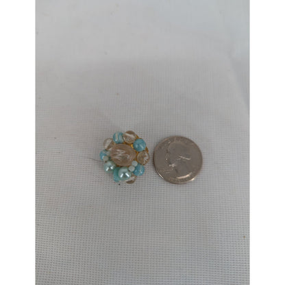 Vintage Japan Blue Peach Beaded Cluster Clip On Statement Earrings Faux Pearl