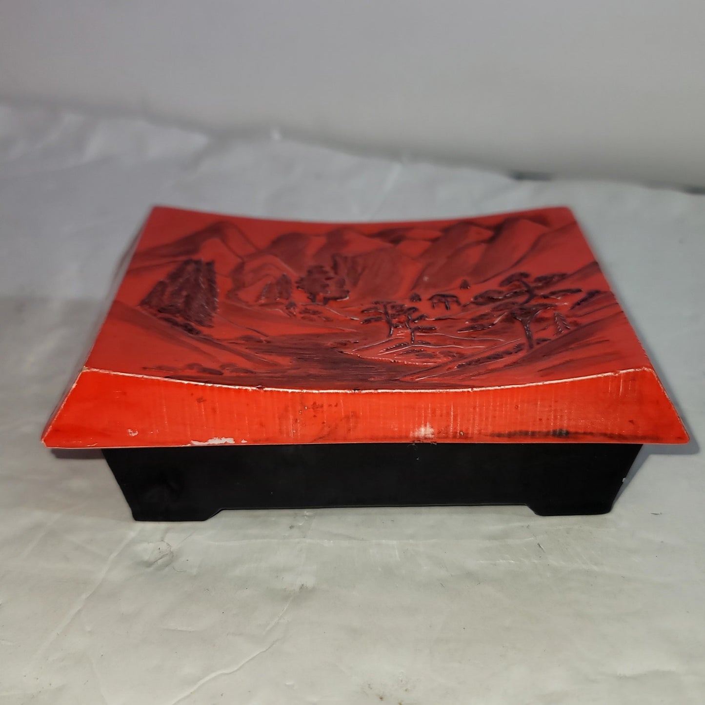 Japanese Inspired Red Black Ceramic Trinket Box Two Piece Landscape 2pc.