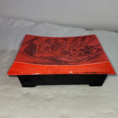Japanese Inspired Red Black Ceramic Trinket Box Two Piece Landscape 2pc.