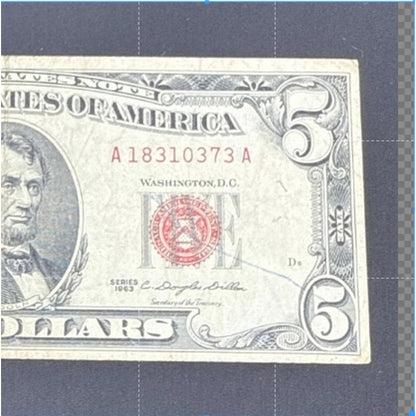 Paper Currency Bank Note USA Paper Money $5 Series 1963 Last of the RED SEALS